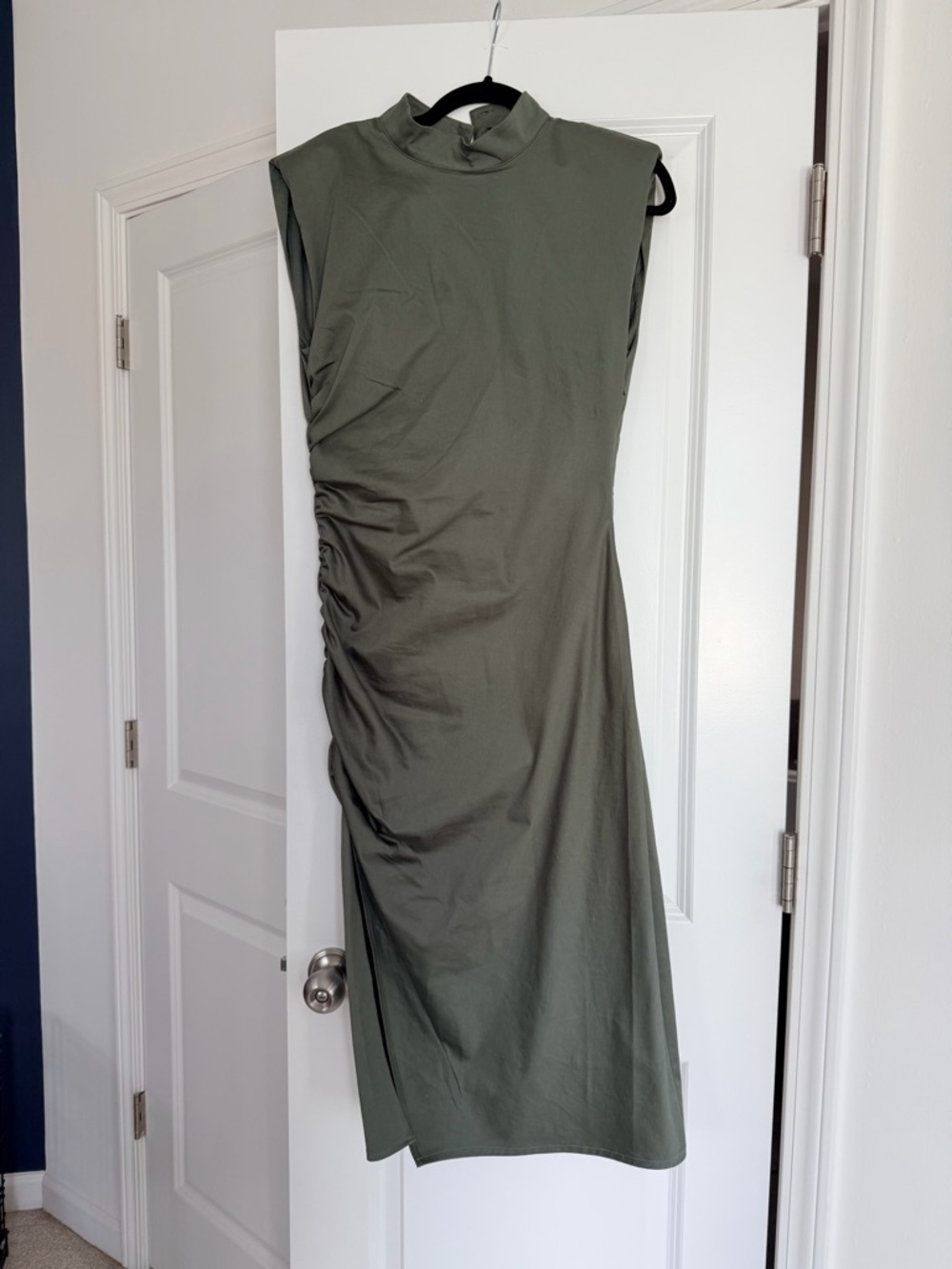 Ruched Olive Green Midi Dress with High Neck